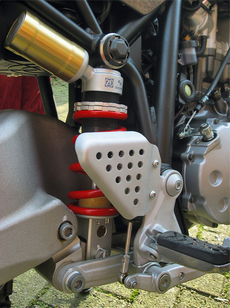 Footpeg and a bit of the brake lever of the Derbi Mulhacen