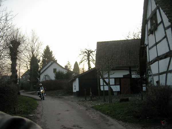 Motorcycle and half-timbered houses